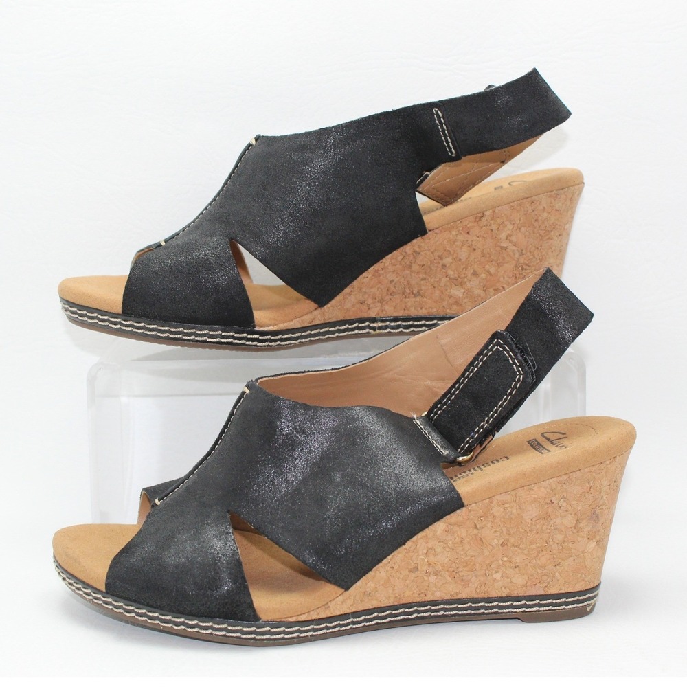 Clarks Collection Women Black Metallic Cork Wedge Sandals 26108745 Size 8 W